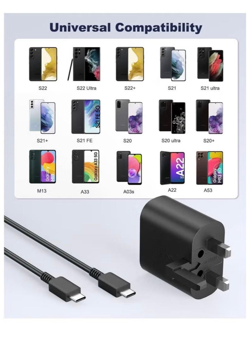 شاحن جداري فائق السرعة بقوة 25 واط بتقنية PD مع كابل USB-C متوافق مع جميع هواتف سامسونج جالاكسي الذكية والأجهزة اللوحية وغيرها من الأجهزة (أسود) - Image 4